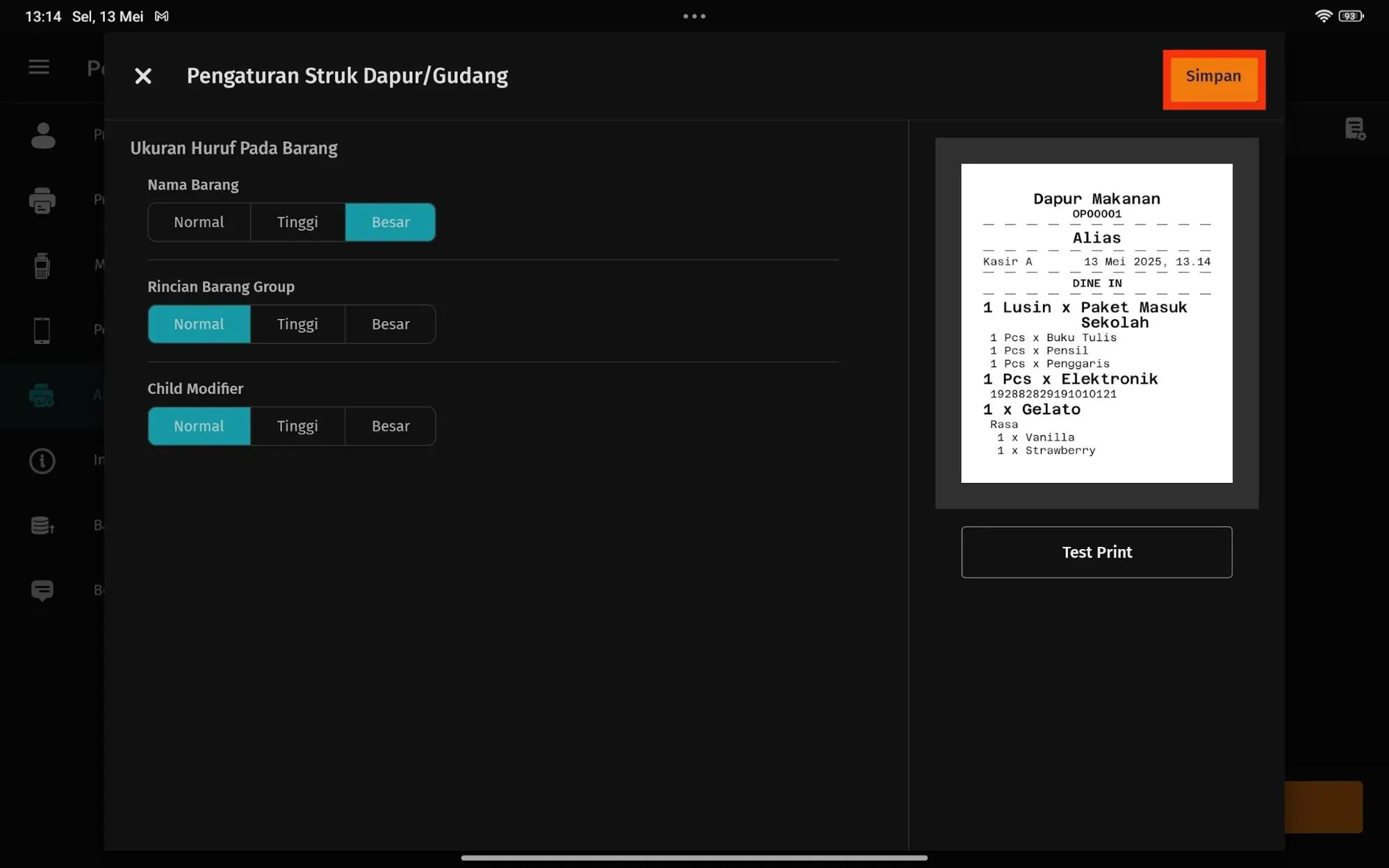 ubah ukuran teks struk gudang/dapur